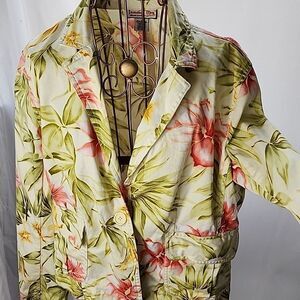Tropical Floral & Palm Jacket/Blazer Size L Vintage Jamaica Bay